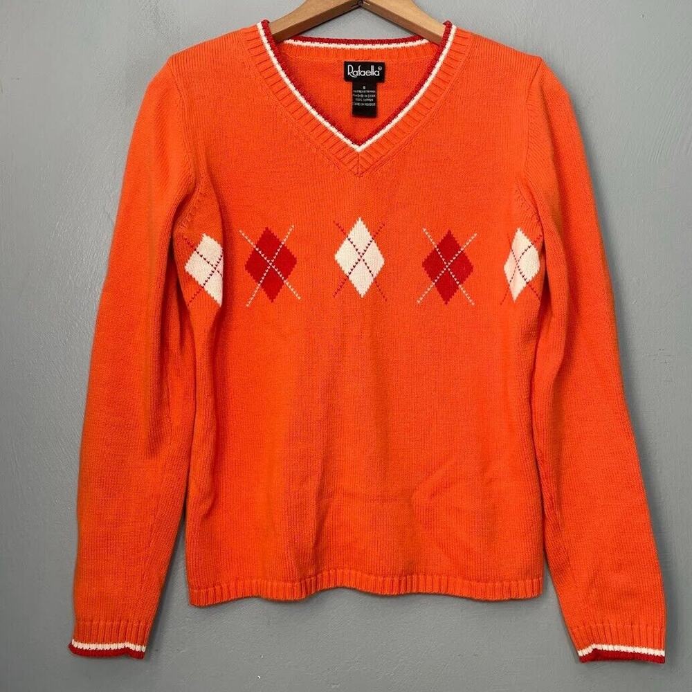 Rafaella Cropped Sweater Size Small Argyle Orange Y2K Dopamine Academia Preppy
